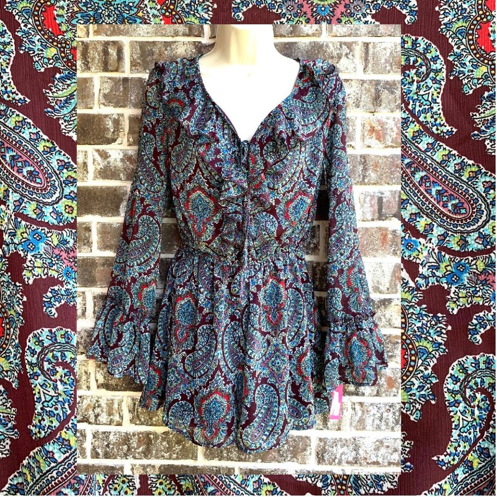 Women’s long sleeve romper dress shorts brown/blue